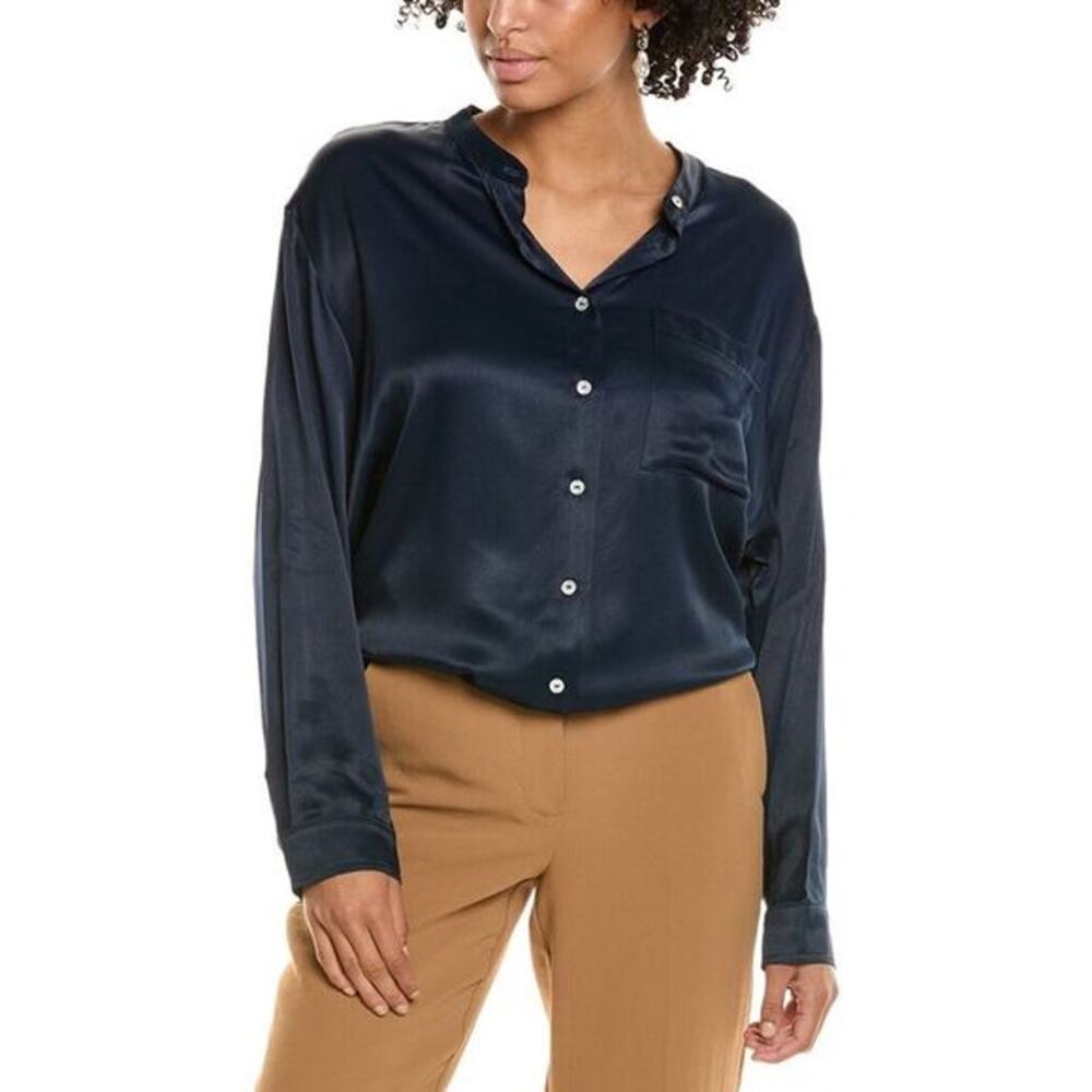 DONNI. Navy Satin Button-Down Shirt